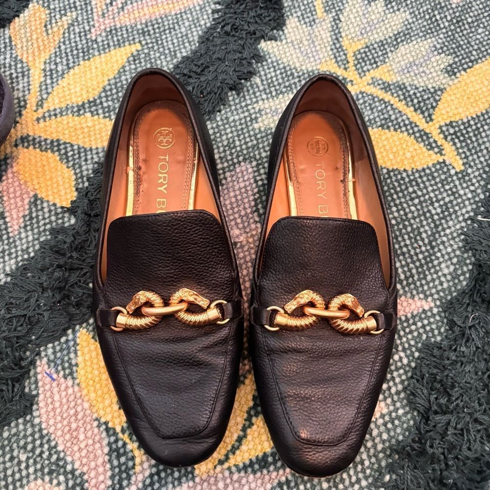 Tory Burch Jessa Black Leather Gold Horse Head Loafers Womens Size 7.5
